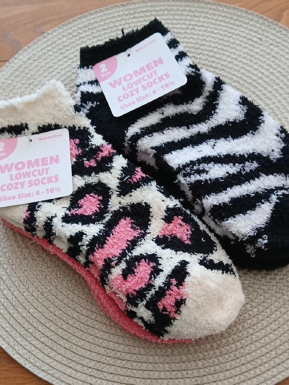 Cozy Women's Fuzzy Lowcut Socks - Black, White & Pink (2 Pack)